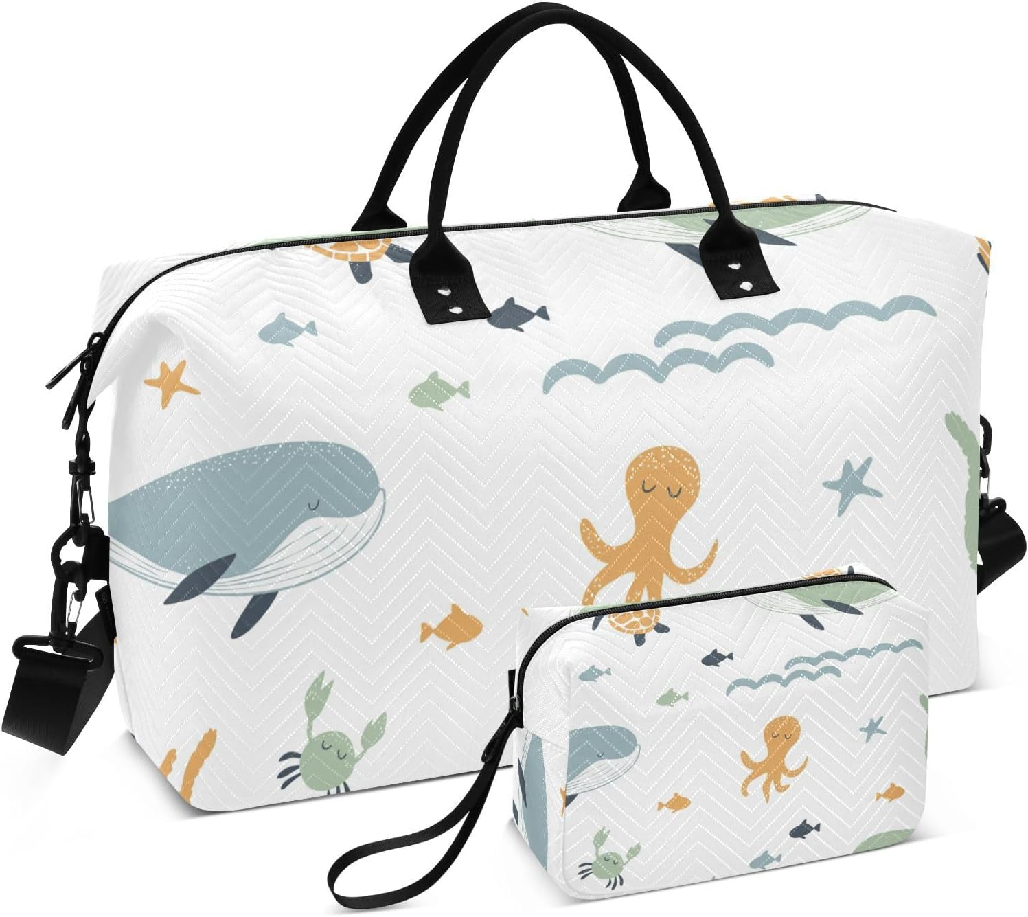 Seamless Whales Octopuses Sea Turtles Duffel Bags Travel Weekender Gear Bag Tote Bag with Adjustable Strap for Workout 2 Pcs Set, Seamless Whales Octopuses Sea Turtles, One Size, Seamless Whales image number 1