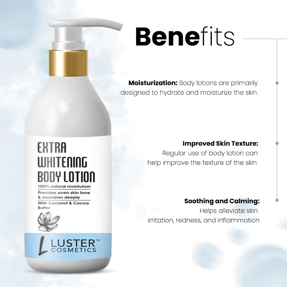 Luster Cosmetics Extra Whitening Body Lotion | Enriched with Coconut & Cocoa Butter | 100% Natural Moisturizer | Provides Even Skin Tone | Paraben Free - 300Ml
