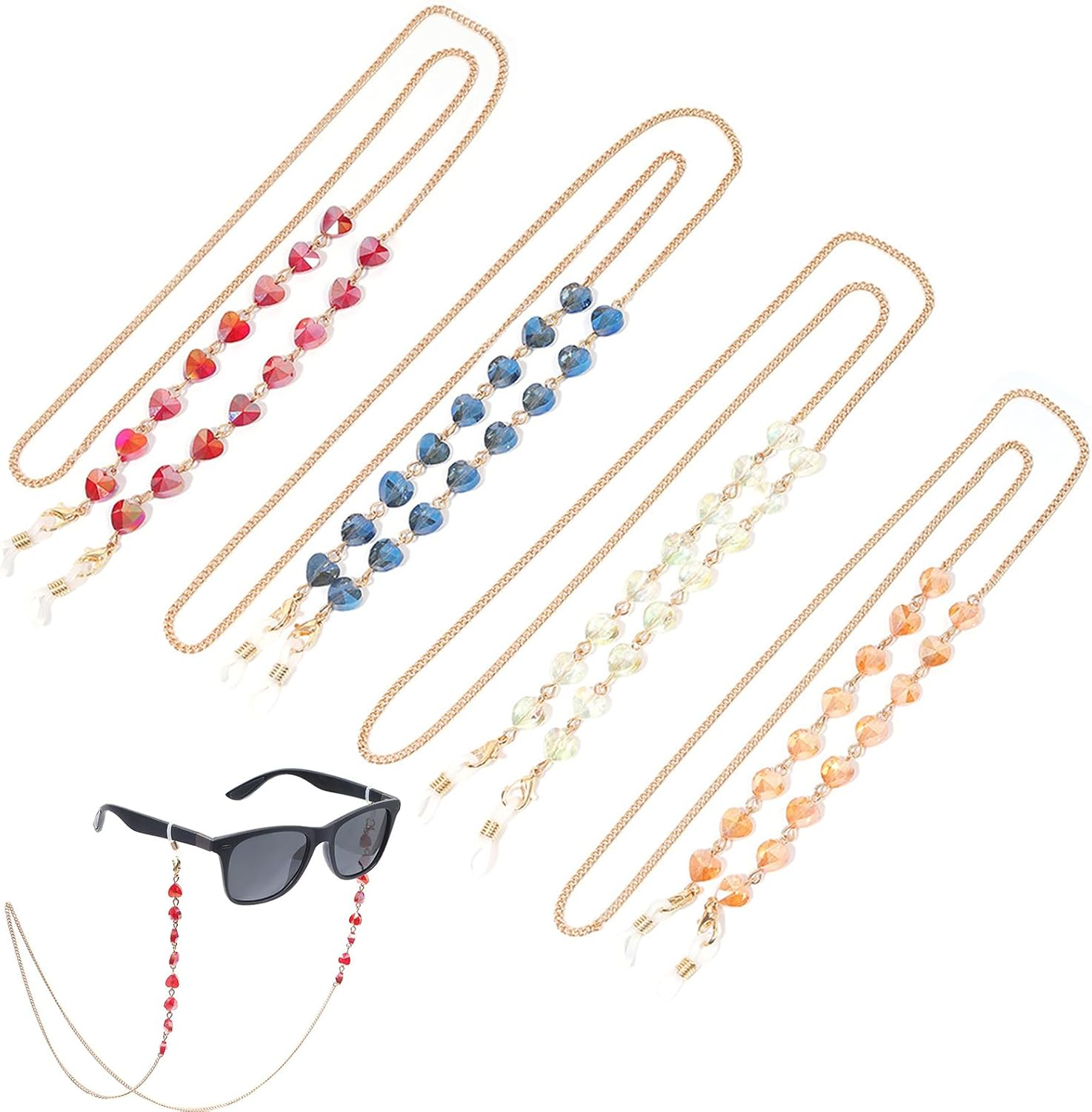 FOSDICK Pack of 4 Women'S Glasses Chain, Metal Glasses Strap, Sunglasses Chain, Gold, Elegant Glasses Straps, Crystal Beads Glasses Cord, Glasses Chain for Women, Girls, Accessories, Red, Blue, Light image number 4