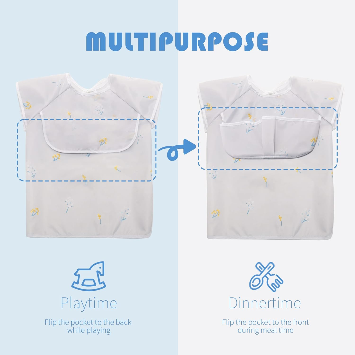 Little Dimsum 2 Pcs Baby Food Bib Short Sleeves Waterproof Feeding Apron Smock with Top Pocket Bag for Babies/Toddlers/Infants (Flower Sets) image number 1