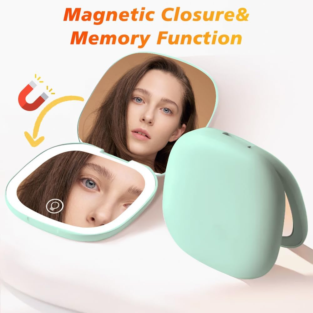 Compact LED Magnifying Travel Makeup Mirror 1X/10X Magnification Small Hand Pocket Mirror 3 Light Colors Dimmable Double Sided USB Rechargeable Touch Screen, Portable Cosmetic Mirror(Green)