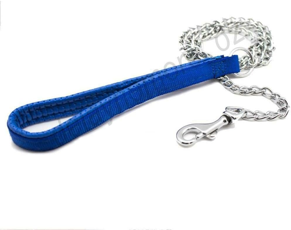 Pet Dog Chain Leash Lead 120Cm Chew Resistant Metal Leash Soft Leather Handle AU (Blue)