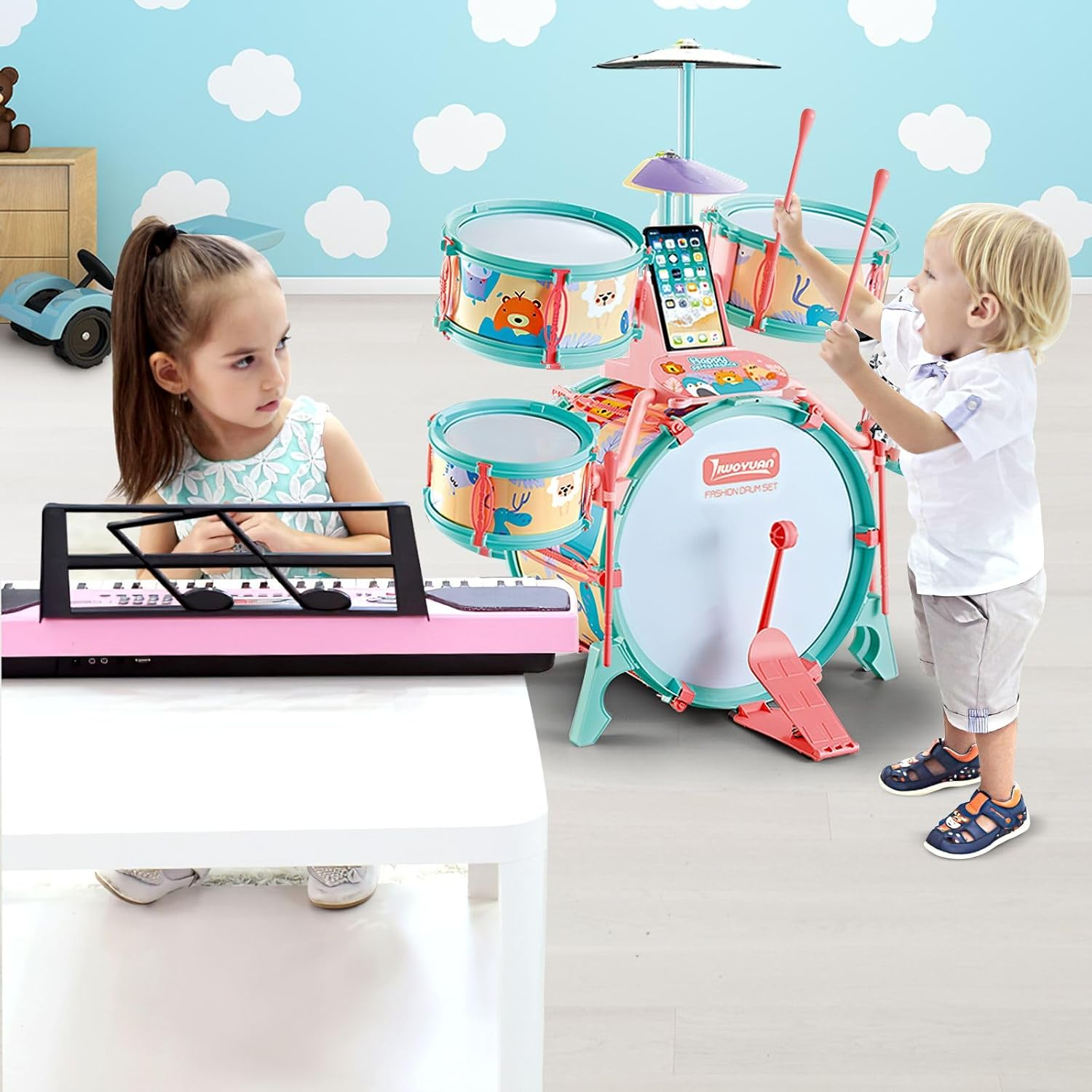 KIDBOT Kids Rock Jazz Drum Set,Educational Music Toys Kit with Chair for Toddler, 5 Drums 17 Pieces Musical Instrument image number 6