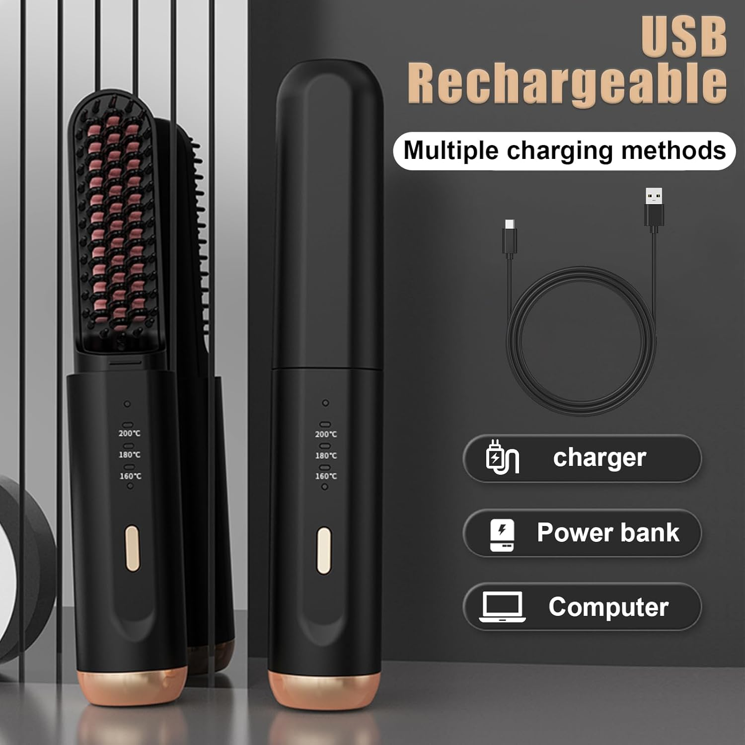 Hair Straightener Brush, Hair Iron with Built-In Comb,Wireless Heated Beard Straightener Comb with Ionic Technology, 3 Temperature Settings, Anti-Scald, Portable for Home Travel,Hair Straightener That Reduces Styling Time (Black Gold) image number 4