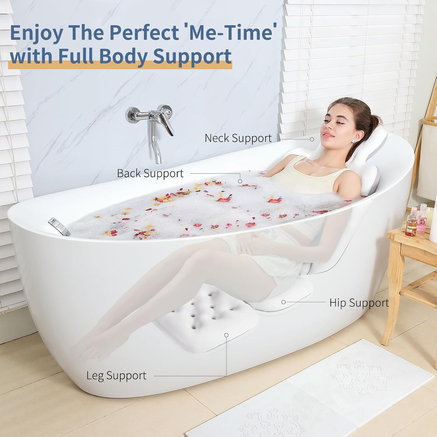 Bathtub Pillow Full Body, Luxury Bath Cushion for Tub with 160 Suction Cups, Bath Mat for Head and Neck Support with Laundry Bag White (51.2" X 16.2") image number 1