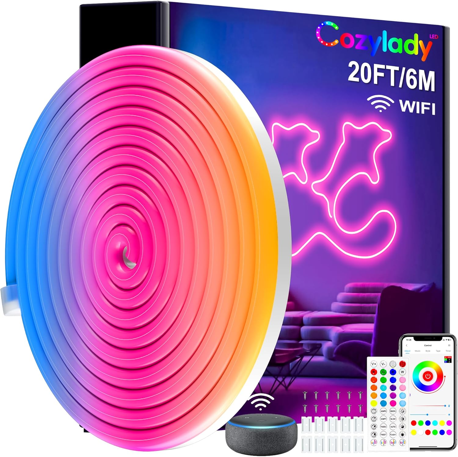 Cozylady 20Ft LED Neon Rope Lights, Waterproof 6M RGB Rope Lights Works with Alexa, Google Assistant, Music Sync, Smart Wi-Fi App Control, DIY Design Neon Lights for Bedroom Gaming Room Wall Decor image number 0