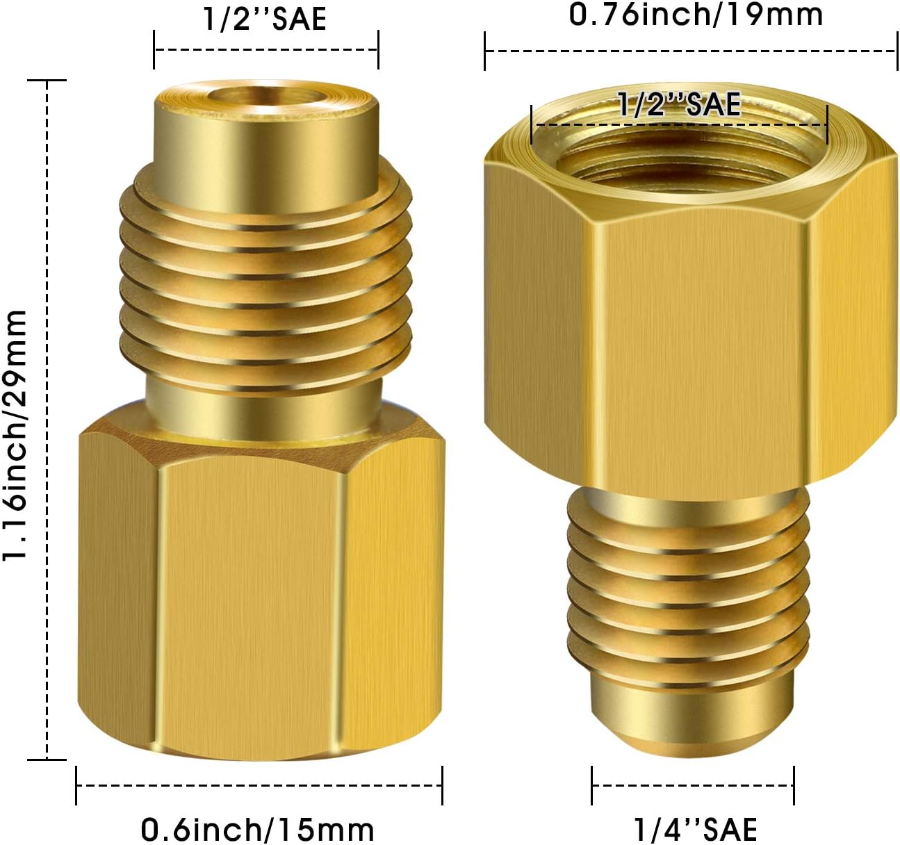 6 Pieces 6015 R134A Brass Refrigerant Tank Adapter to R12 Fitting Adapter 1/2 Female Acme to 1/4 Male Flare Adaptor Valve Core and 6014 Vacuum Pump Adapter 1/4 Inch Flare Female to 1/2 Inch Acme Male