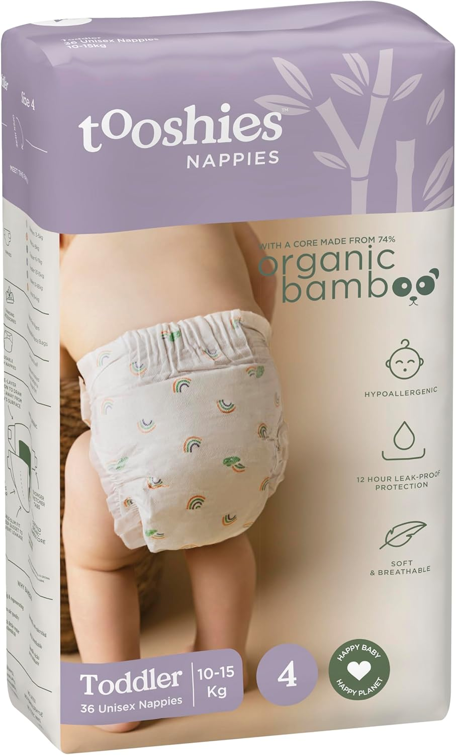 Tooshies Nappies | Size 4 Toddler 10-15Kg | Made with Organic Bamboo | 12 Hrs Leak Free | Unisex | Rainbow Print | 1 WEEK SUPPLY image number 4