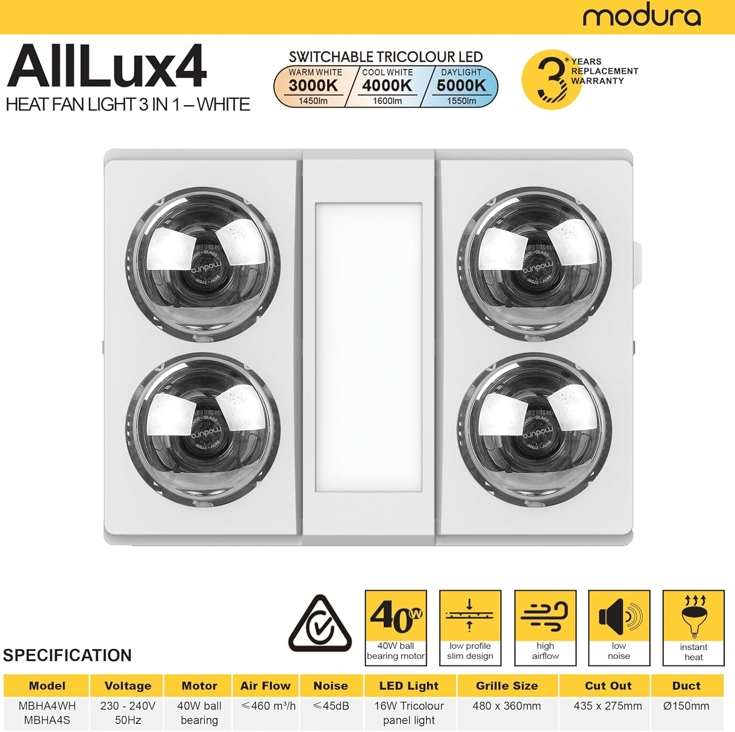 Modura Alllux4 Bathroom 3-In-1 Heater Fan Exhaust 16W Tricolour LED Panel 4X275W Infrared Instant Heat (White) image number 3