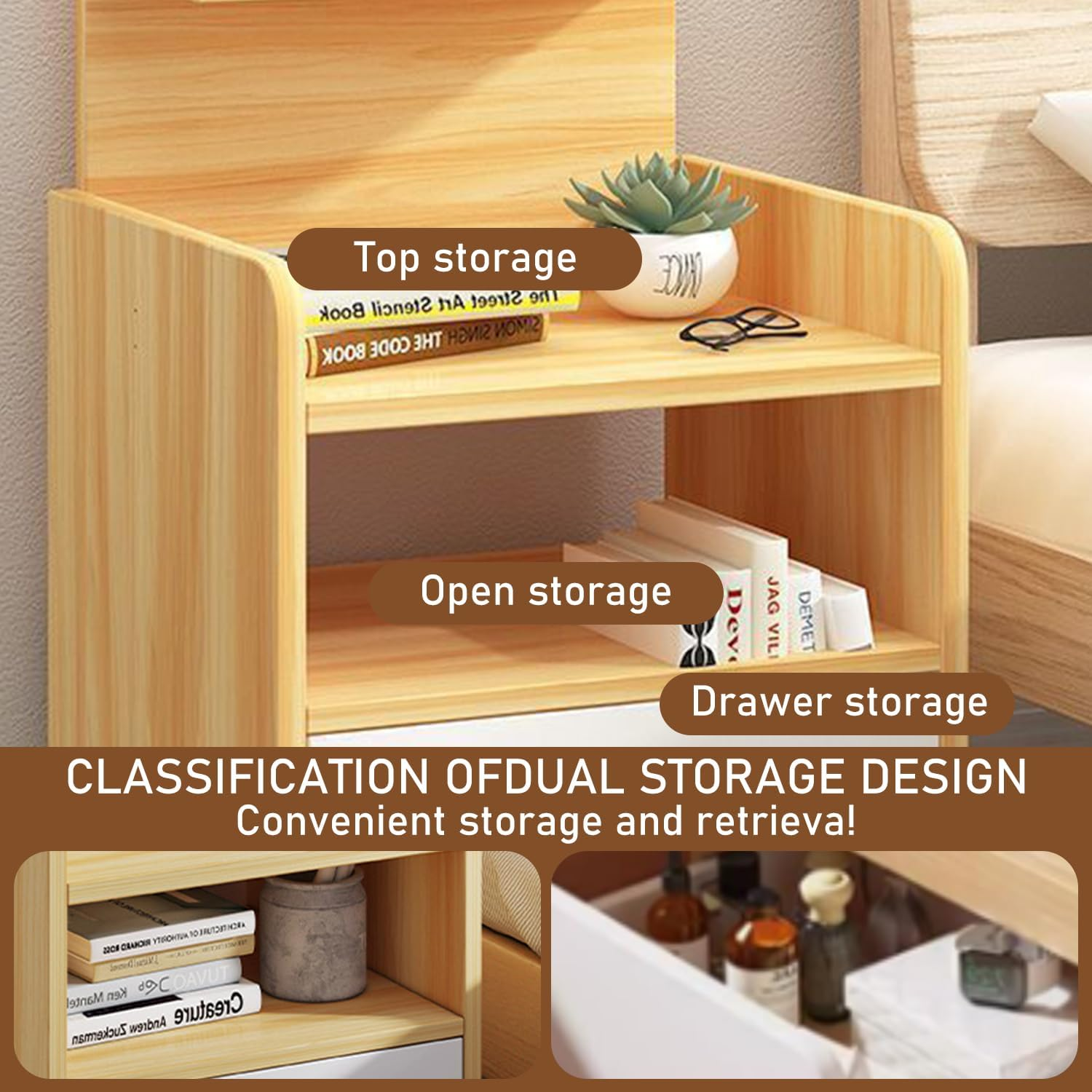 Uandhome Bedside Table with Open Sliding Shelves,Solid Wood Nightstand with Drawers,Modern Nightstands Bedroom Small Bedside Corner Night Stands Narrow Drawers Dormitor Bedroom Furn (Wood)
