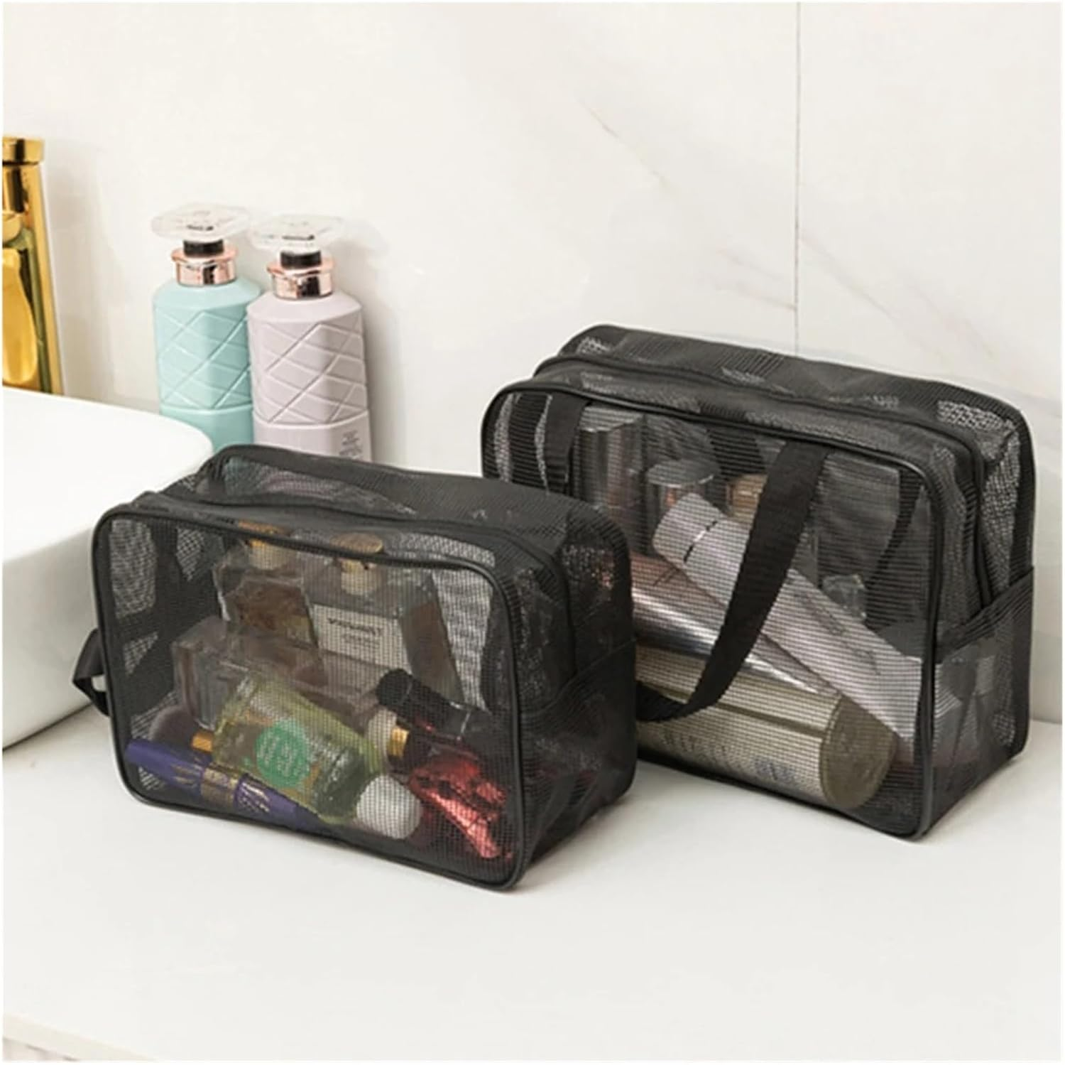 Mesh Shower Caddy Bag with Handle &ndash; Portable Quick Dry Toiletry Organizer for Dorm, Bathroom, Gym, Camping & Travel Essentials(Black,Large) image number 3