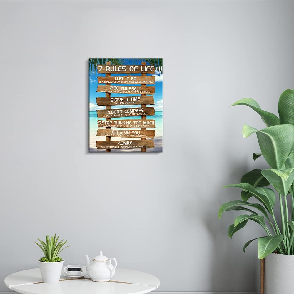 Kas Home Inspirational Wall Art - 7 Rules of Life Motivational Canvas Wall Decor Beach Positive Quotes Living Room Rustic Framed Art Gift for Bedroom Bathroom (12 X 15 Inch, Brown - 7 Rules) - White-Love image number 5