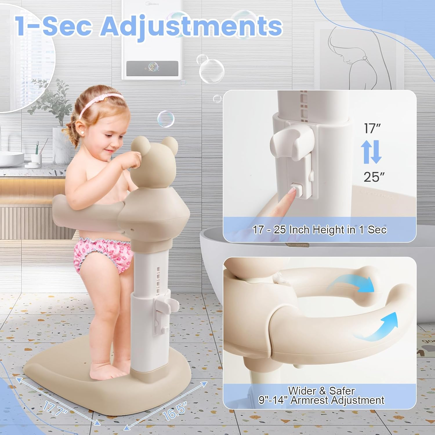 JOLLY BOFFIN Adjustable Baby Shower Stand with Slip Base, Huggable Bear Bathing Support, Bath Standing Seat