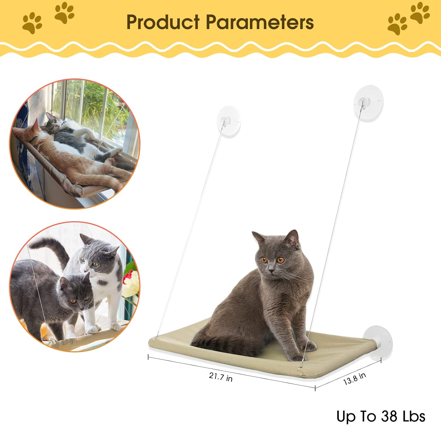 Large Cat Hammock Window Perch with 4 Suction Cups & Solid - Cat Window Perch for Ultimate Comfort (Grey) image number 4