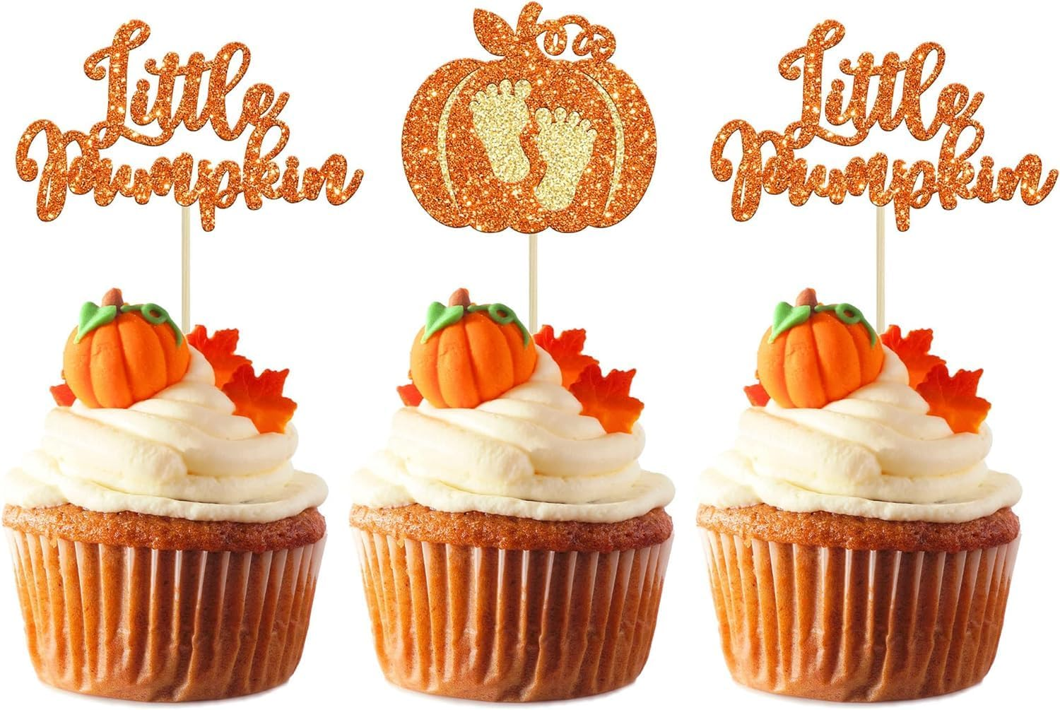 Confetti! 24-Pack Glitter Pumpkin Cupcake Toppers - Little Pumpkin Picks for Baby Showers, Kids' Birthdays, and Fall Harvest Parties - Perfect Autumn Party Supply Decorations image number 3