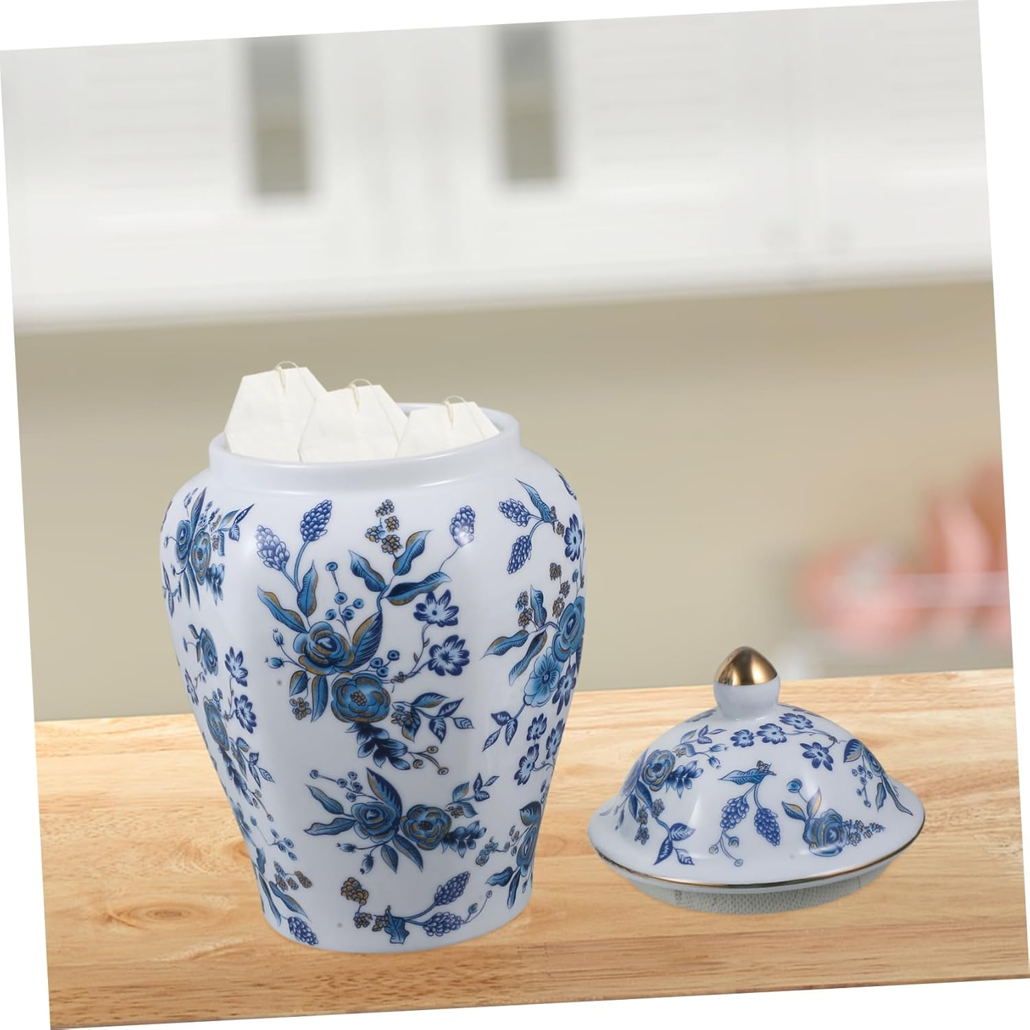 LABRIMP Blue and White Porcelain Sealed Tea Jar Lid Ceramic Storage Canister for Tea Food and Snacks Portable Size for Home Kitchen Use image number 3