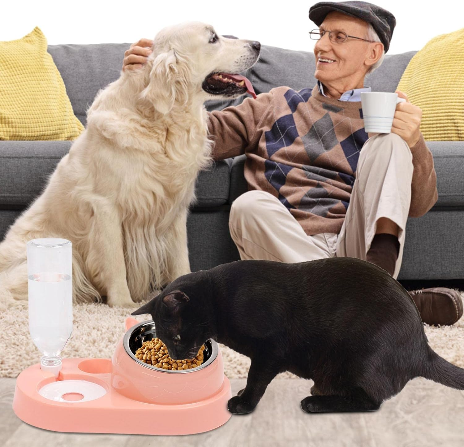 Cat Food Bowls - Cat Water Bowl with Stand - Cat Food Feeding Dishes with Automatic Cat Water Bottle for Small Dogs and Cats (Color : C: Pink Stainless Steel Bowl)