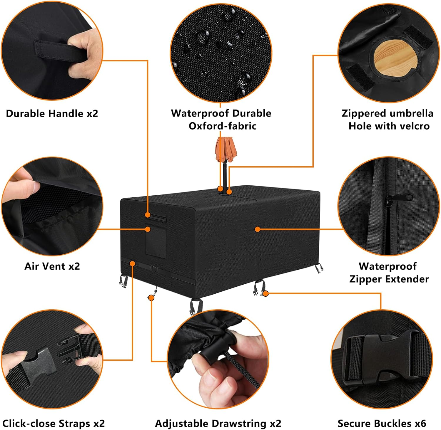 Kovshuiwe Rectangle Patio Table Cover with Umbrella Hole Heavy Duty Waterproof 600D Oxford Fabric Outdoor Lawn Patio Furniture Covers (Square-108"Lx 82"W X 23.6"H) image number 6