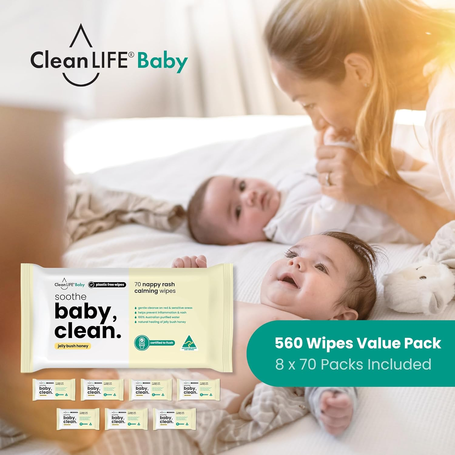Cleanlife Baby Wipes Flushable &ndash; Jelly Bush Honey Soothes Nappy Rash, Sensitive Skin, Plant-Based, Biodegradable, 70 Wipes, 8-Packs