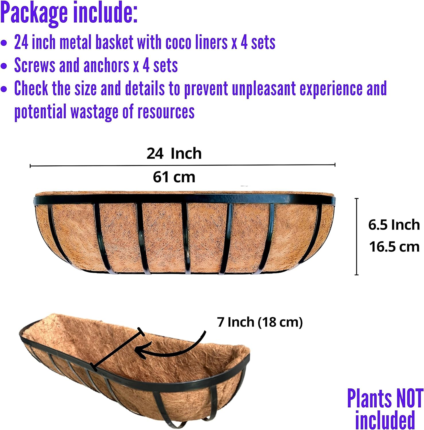 Lalagreen Fence Planters for Outdoor Plants (4 Pack, 24 Inch) Black Metal Window Boxes Planter to Attach to House, Wall Mounted Flower Coco Baskets outside Deck Railing Balcony Garden Porch Patio Rail image number 2