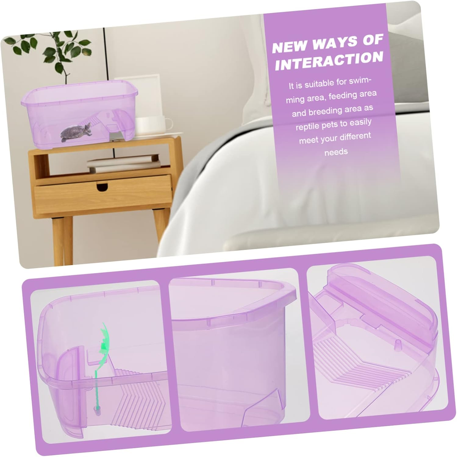 Hohopeti Plastic Turtle Tank Reptile Habitat Box Basking Platform, Small Purple Plastic Pet Breeding Terrarium for Home Turtle Feeding and Reptile Supplies image number 4