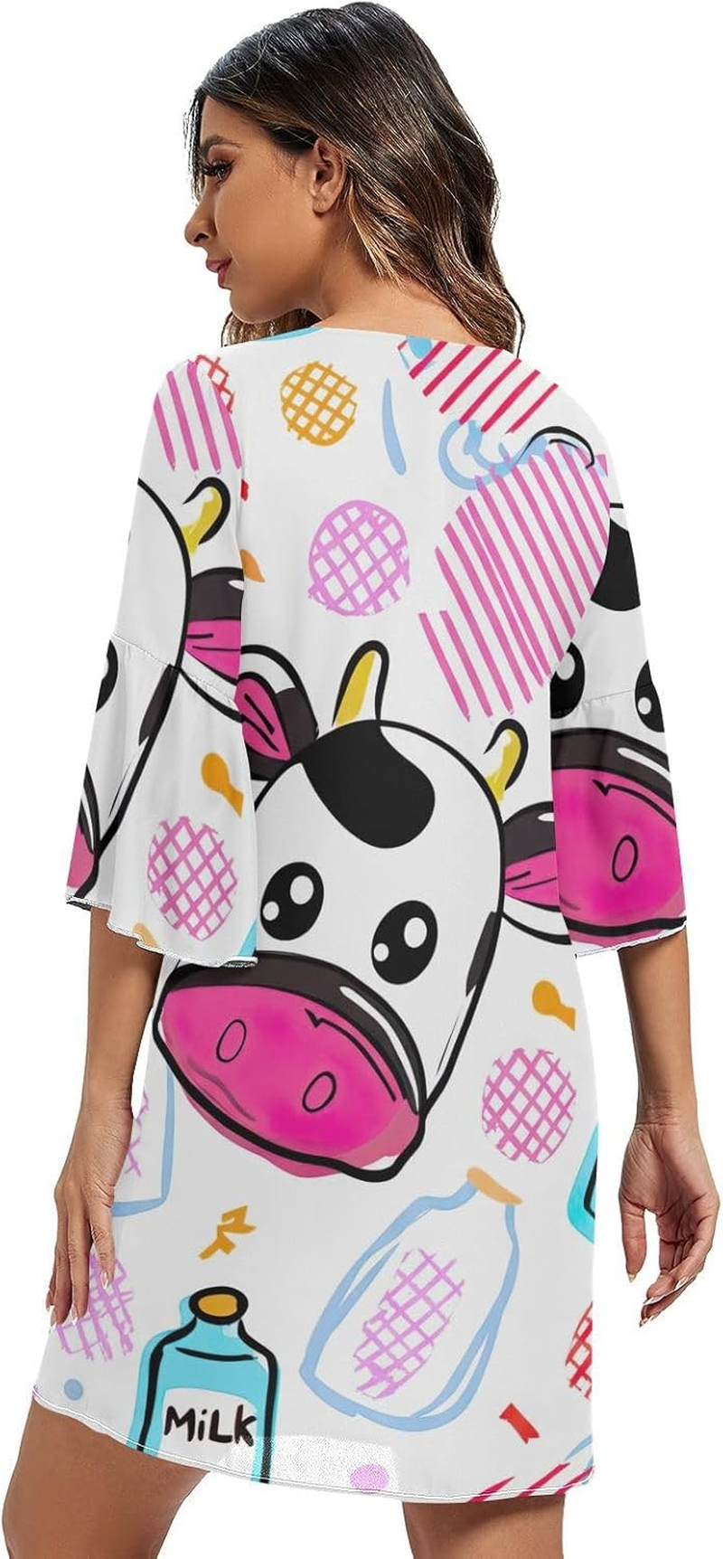 Adorable Cow Pink Casual V Neck Dress Printed Line Maternity Dress S-XXL