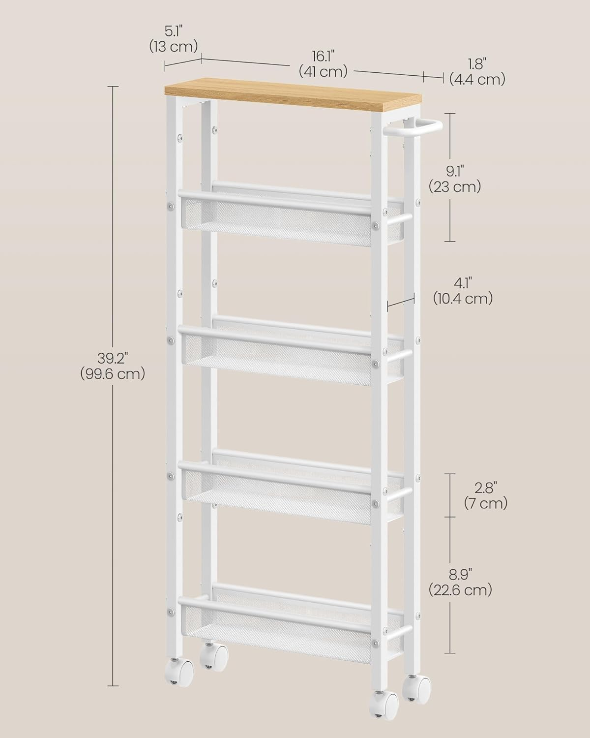 VASAGLE Slim Rolling Cart, 5-Tier Storage Cart, Narrow Cart with Handle, 5.1 Inches Deep, Metal Frame, for Kitchen, Dining Room, Living Room, Home Office, Oak Beige and White ULRC034W09 image number 4