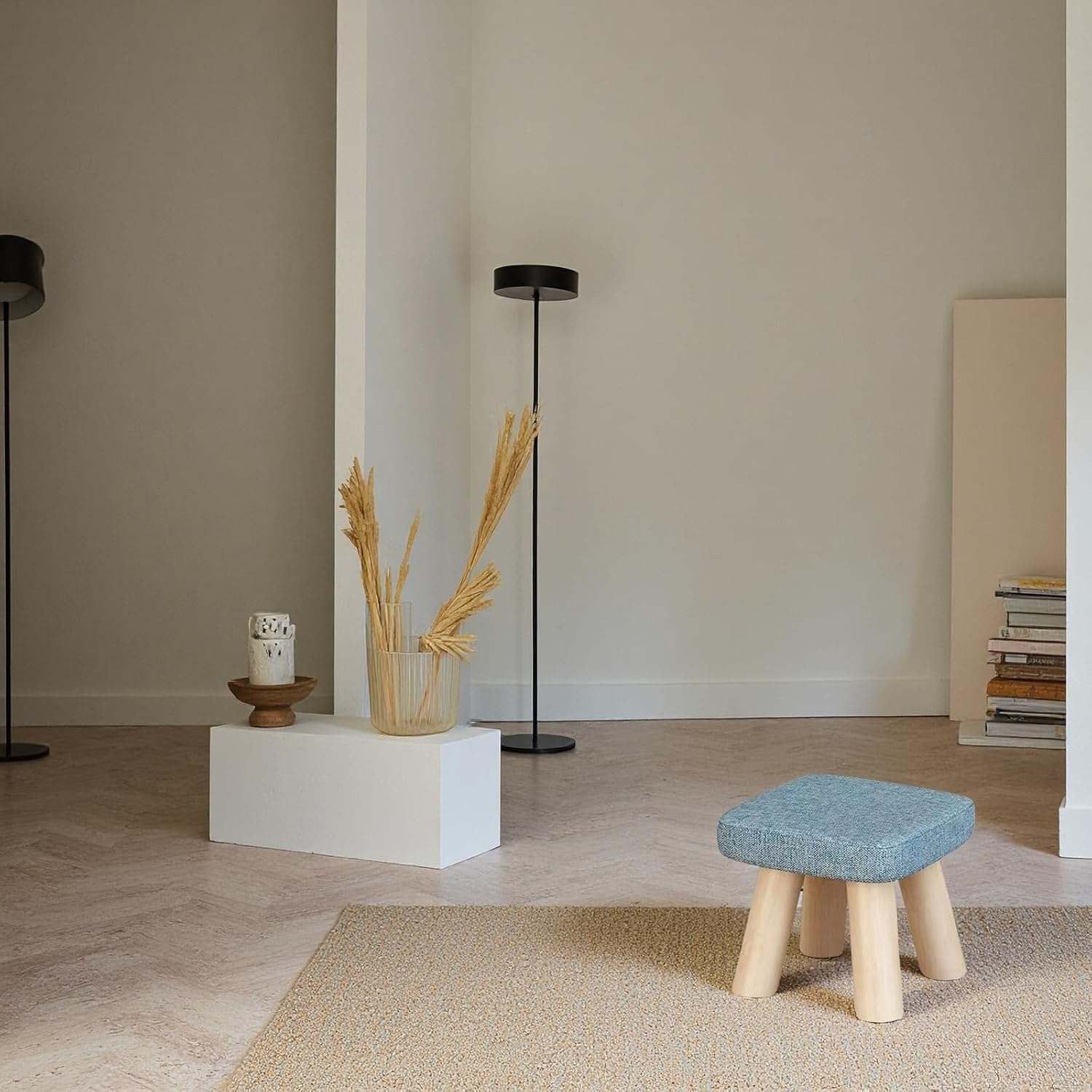 Modern Wooden Footstool with Fabric Seat, 26 X 26 X 17 Cm, 100 Kg Capacity, Grey/Blue Ottomans A266 (Grey) image number 2