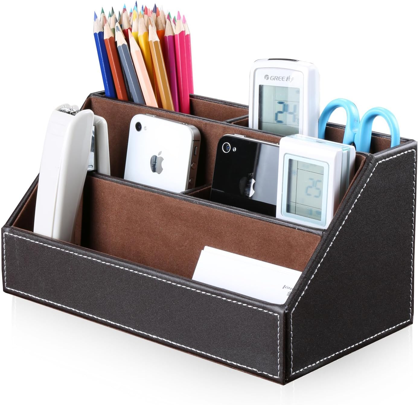 KINGFOM Home Office Wooden Struction Leather Multi-Function Desk Stationery Organizer Storage Box, Pen/Pencil,Cell Phone, Business Name Cards, Note Paper, Remote Control Holder