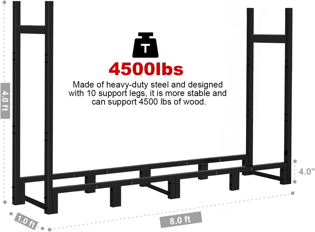 8Ft Firewood Rack Outdoor Adjustable Heavy Duty Wood Rack Fire Wood Holder for Indoor Storage Fireplace Metal Lumber Organizer Stand Stacker, Black image number 5