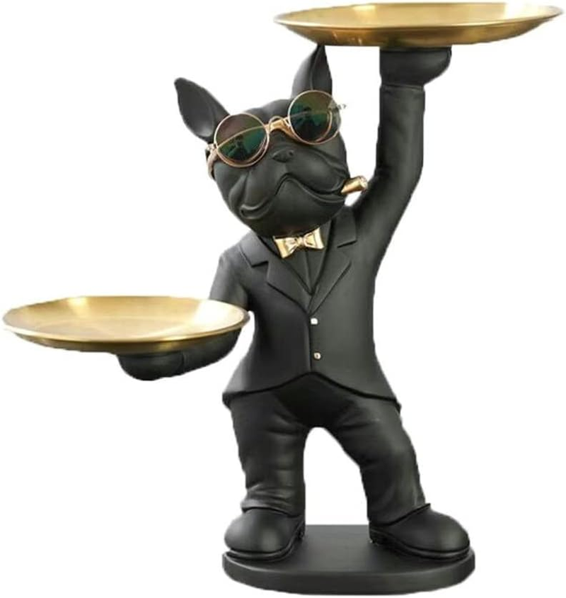 BAOJULONG Cool Resin Dog Statue Black 2 Metal Trays with Cute Glasses French Bulldog Figurine Sculptures Home Decor Gift
