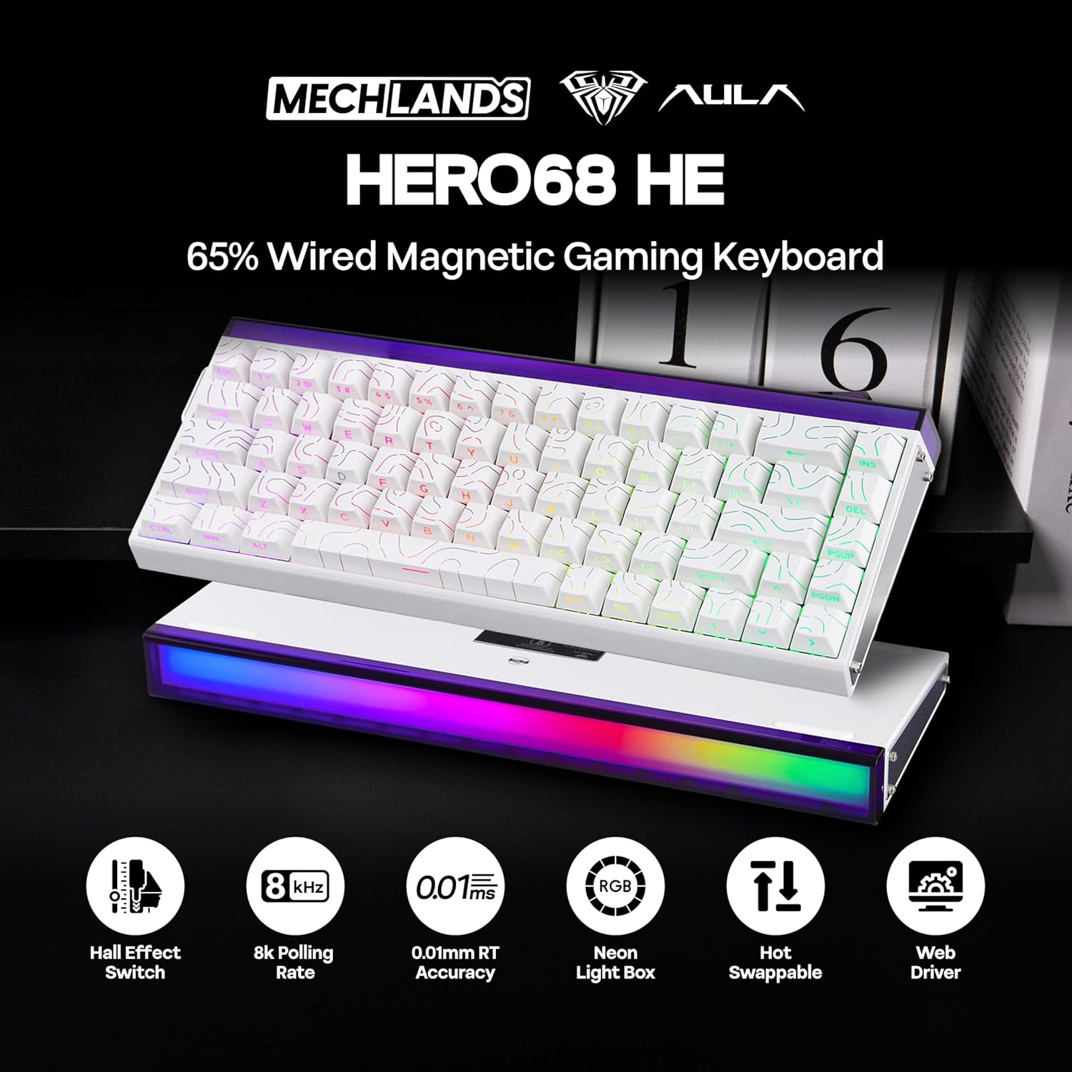 Mechlands Aula Hero68 HE Wired Magnetic Gaming Keyboard, Rapid Hall Effect Keyboard with 0.01Mm Adjustable Actuation, 8Khz Polling, 5-Layer Sound Dampening, RGB Lightbox & Backlit (White Topographic) image number 5