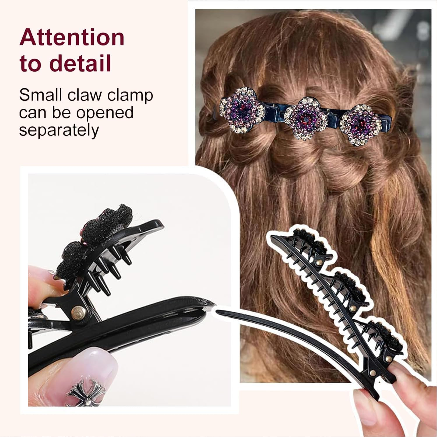 Pack of 4 Sparkling Crystal Stone Braided Hair Clips, Shiny Rhinestone Hair Clip, Elegant Hair Styling Clips, Hair Clips Women, Hummingbird Hair Clip with Crystal Flower for Women Girls (B) image number 2