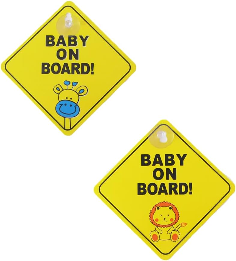 2Pcs Baby on Board Car Stickers，5"X5" Safety Signs Baby Safety Warning Decal，Baby on Board Warning Signs with Suction Cups，Bright Yellow for Reusable Baby Car Sticker