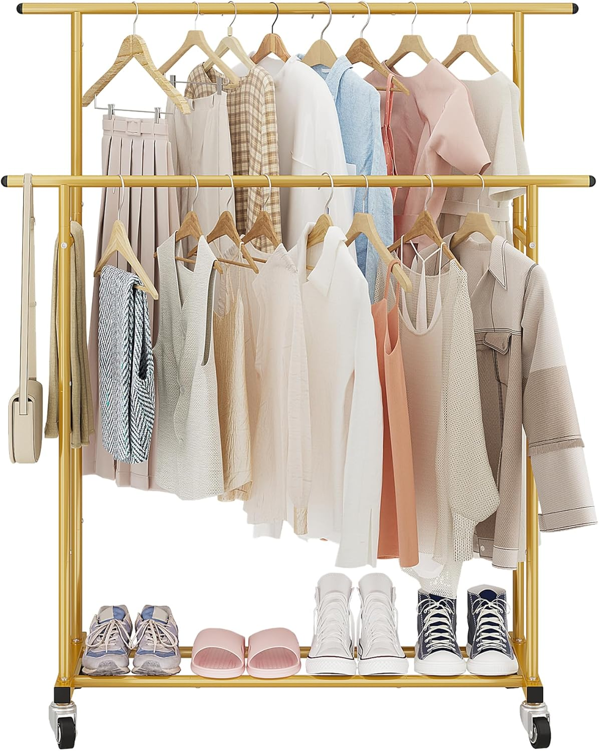 Calmootey Double Rod Clothing Garment Rack,Rolling Hanging Clothes Rack,Portable Clothes Organizer for Bedroom,Living Room,Clothing Store,Gold - Black image number 2
