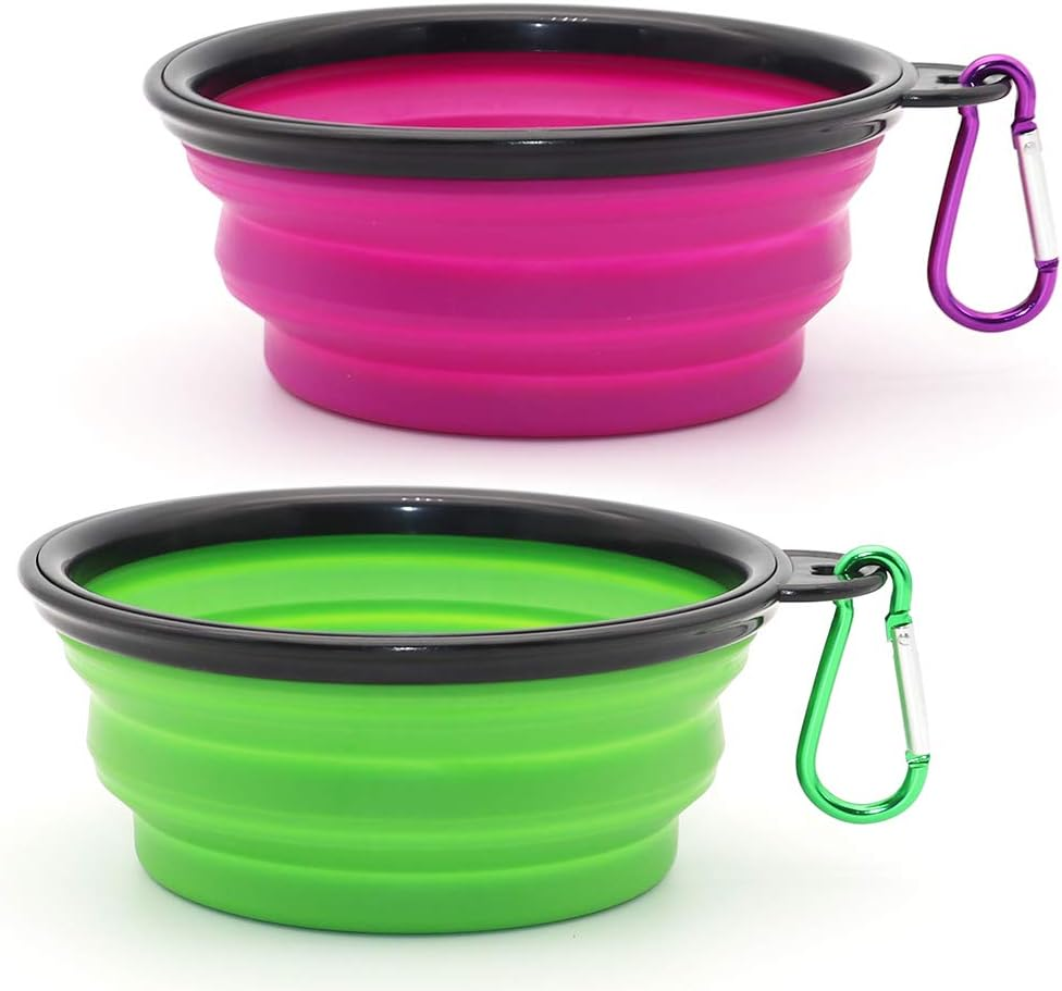 Collapsible Dog Bowl, 2 Pack Collapsable Dog Water Bowls for Cats Dogs, Portable Pet Feeding Watering Dish for Walking Parking Traveling with 2 Carabiners (Small, Green+Purple) image number 1