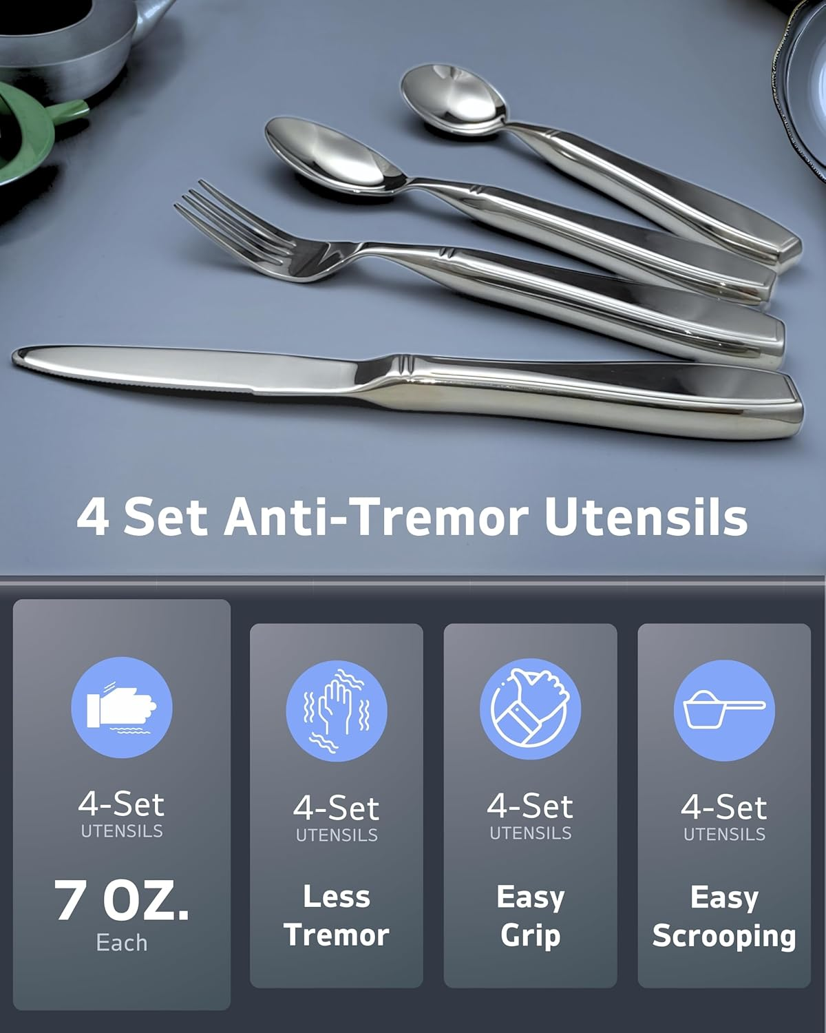4-Piece Weighted Utensils for Tremors and Parkinsons (7 Oz Each) - Weight Silverware for Hand Tremors, Weighted Utensils for Hand Tremors, Adaptive Utensils for Elderly image number 1