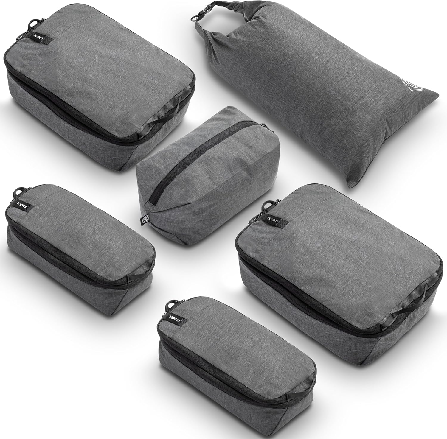 Premium Compression Packing Cubes for Travel, Compression Packaging Cube, Zip Bags Premium 6-Piece Set with Laundry Bag and Shoe Bag by TRIPPED Travel Gear (Grey Mesh)