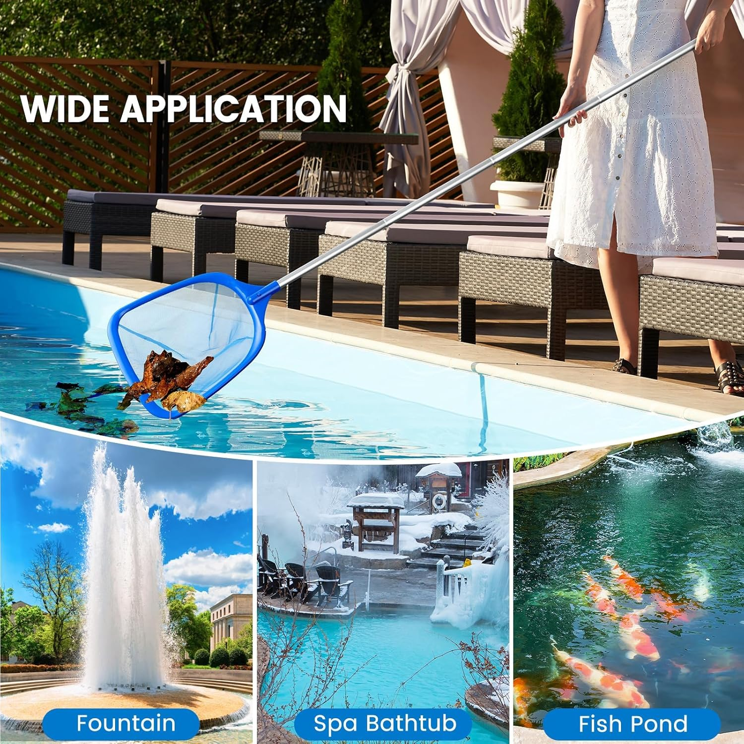 Pool Skimmer Net Deep Pool Leaf Net with Reinforced Frame Large Capacity Rake for Cleaning, Debris Pickup Removal image number 4