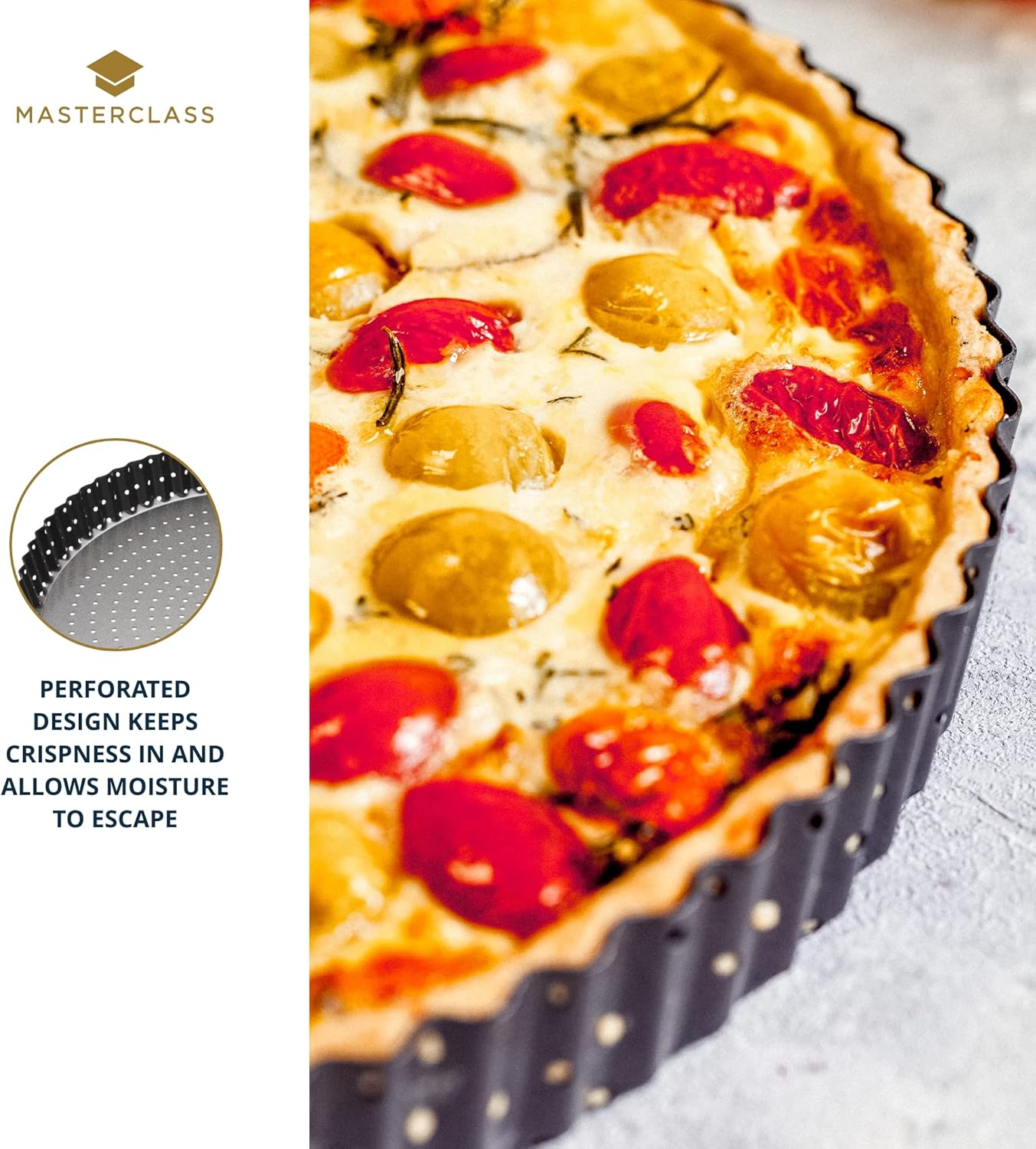 Masterclass Crusty Bake 18 Cm Perforated Quiche Tin with PFOA Non Stick and Loose Bottom, Fluted, Robust 1 Mm Carbon Steel, Grey image number 3