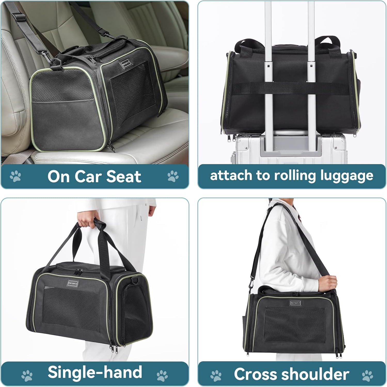 PETSFIT Soft Cat Carrier with Extendable Fleece Pet Mat, Kitty Carrier Airline Approved with Safety Leash for Pets up to 12 Lbs (44 * 26.5 * 27CM, Black) image number 4