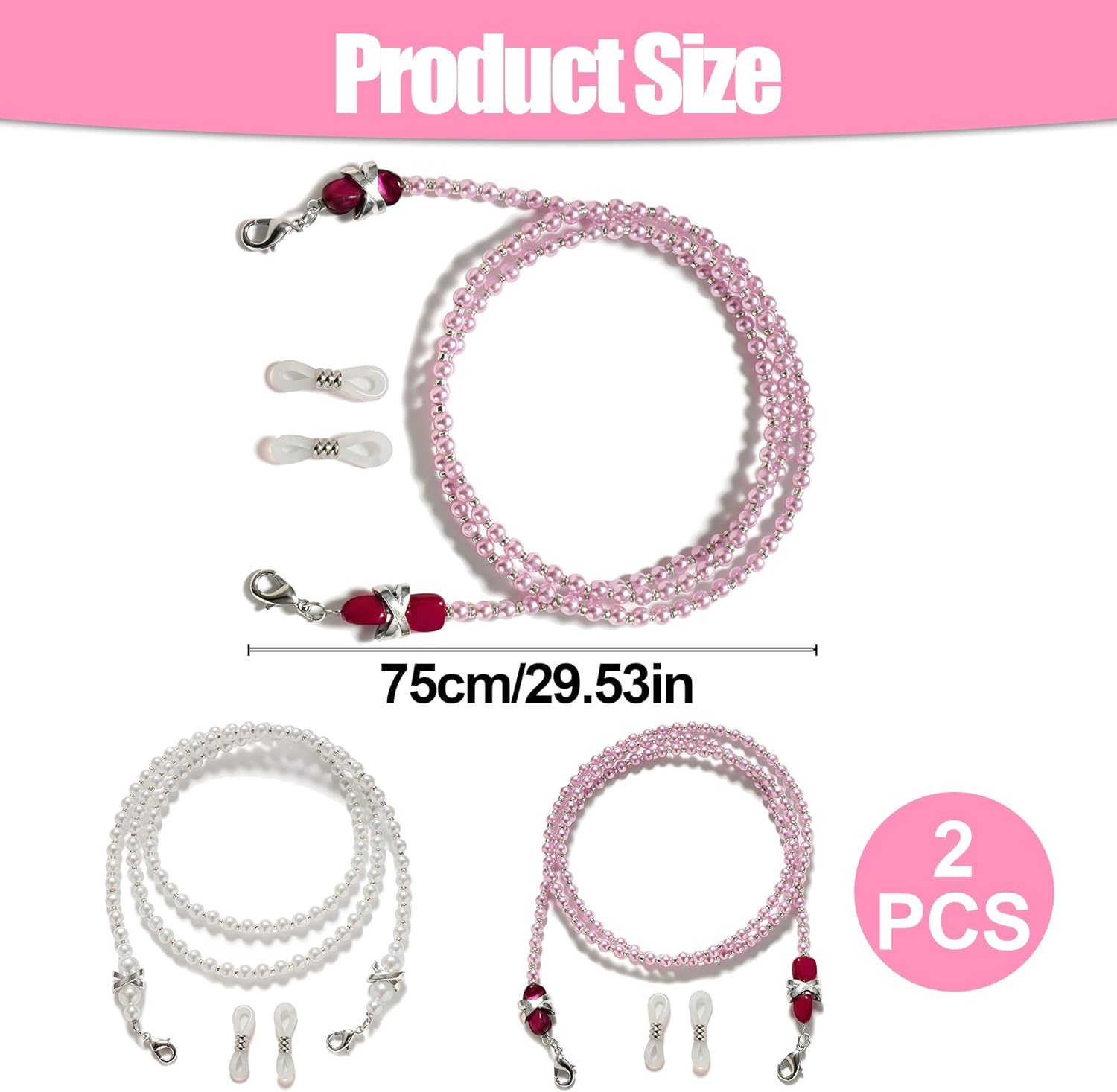 2 Pcs Pearl Glasses Chain, Premium Adjustable Anti-Slip Glasses Strap & Sunglasses Strap for Women Girls, Perfect for Reading, Travel, and Outdoor Activities image number 4