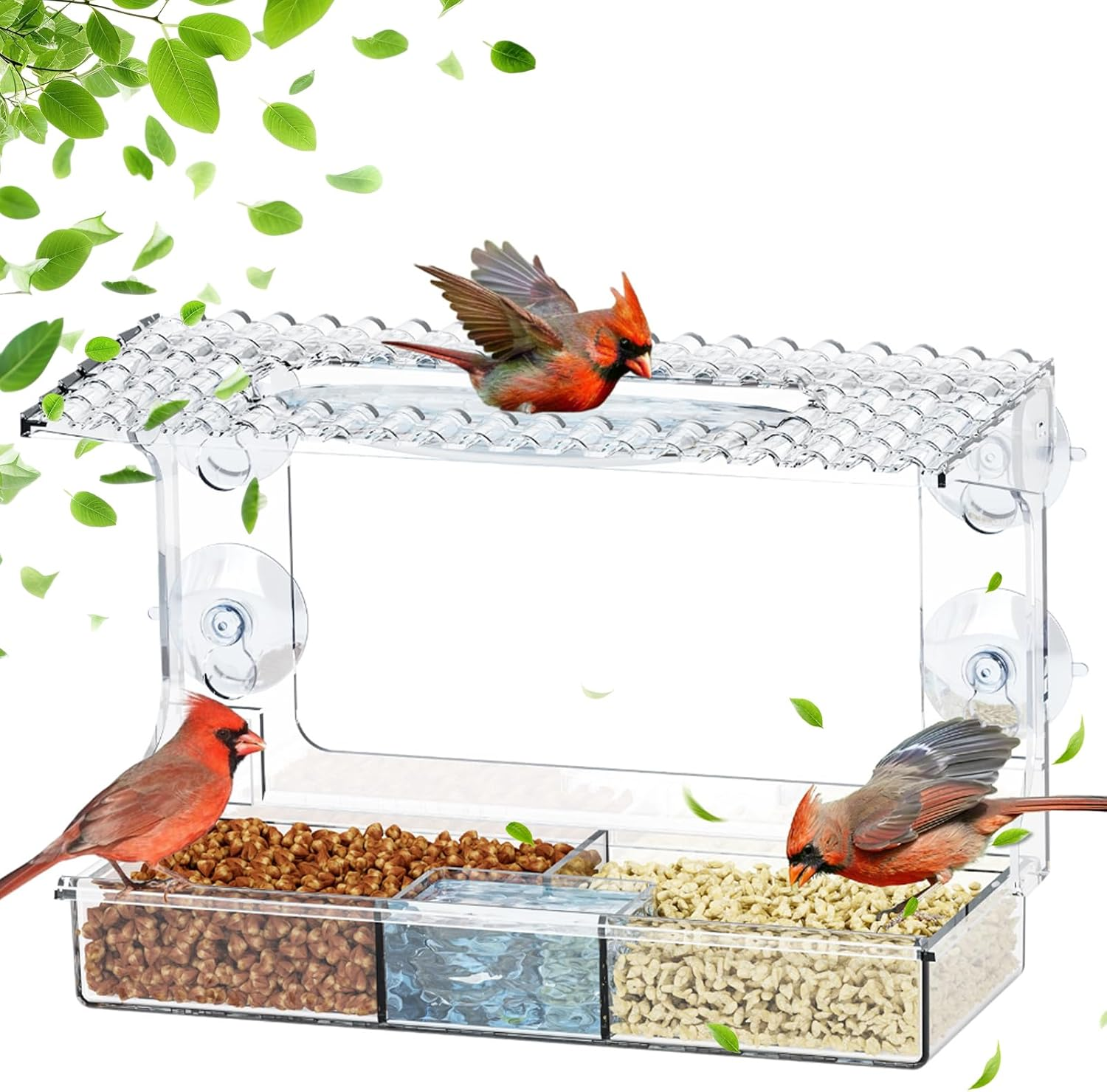 SUSOO Window Bird Feeder for Outdoors with 3 Large Capacity Detachable Seed & Water Tray, Acrylic Clear Bird Feeder with Suction Cups for Watching Wild Birds, Hummingbirds, Finches in Garden, Yard image number 3