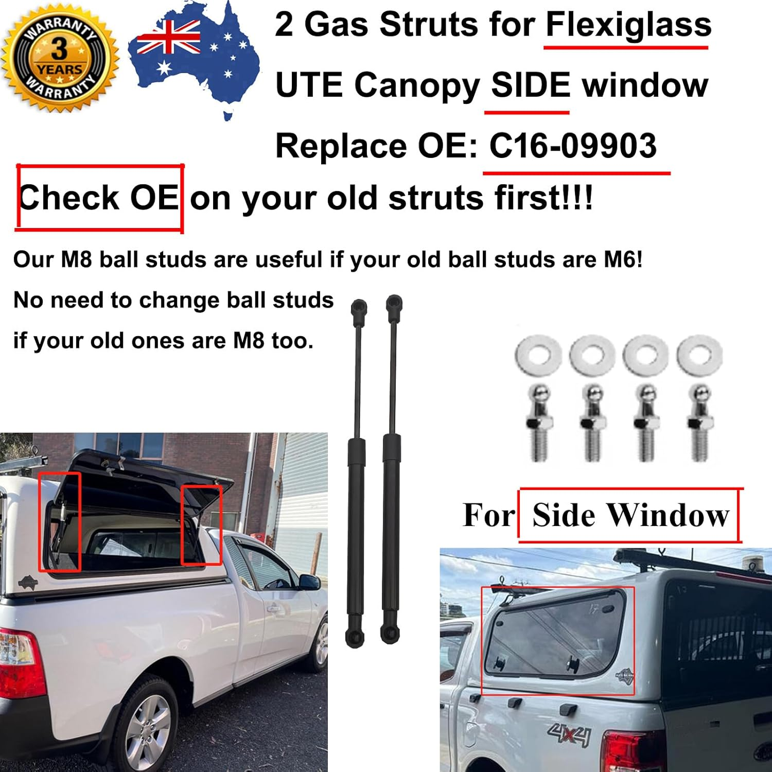 AONNOUS 2 Gas Struts-Only Work When OE Marked on Old One Matches C16-09903 300Mm 24Lbs or STRT0039 747624 0105N- for Flexiglass Also for EGR UTE Canopy Side Window image number 3