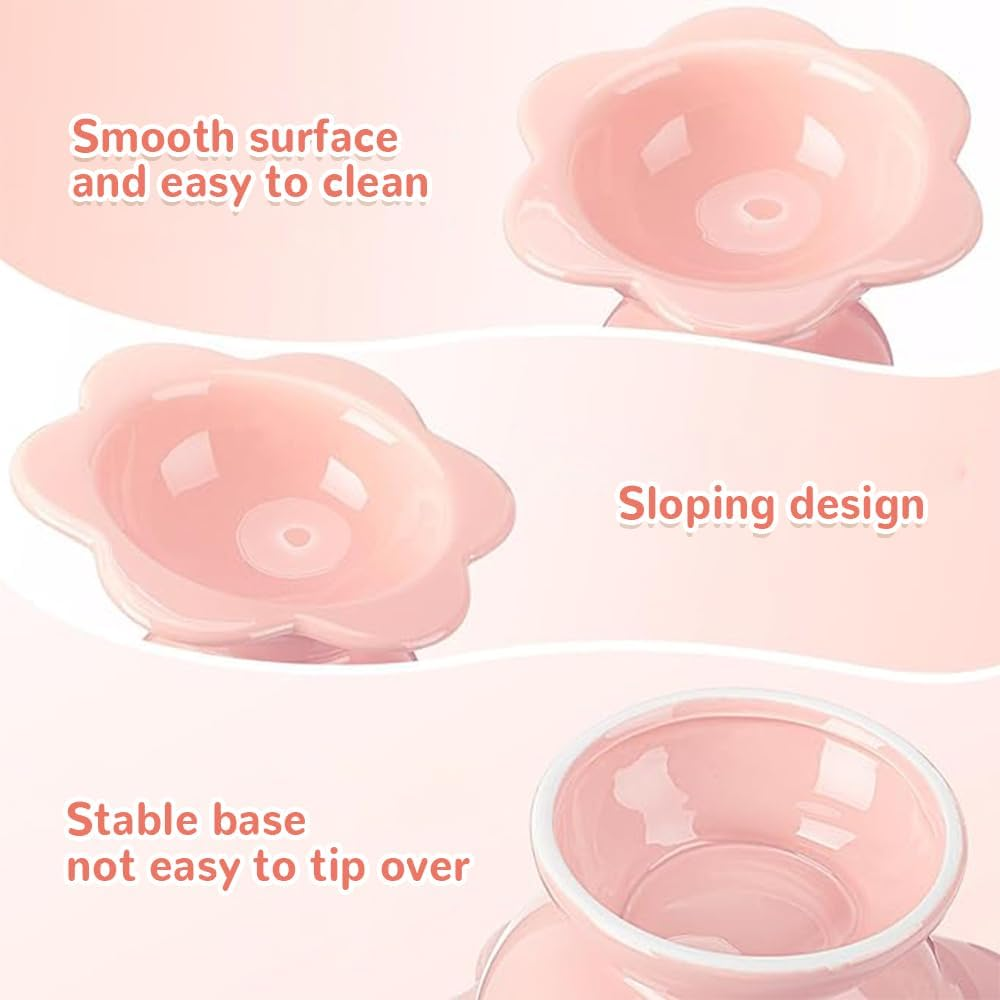 2 Piece Ceramic Cat Bowl, Flower Shaped Cat Food Bowl, Raised Slanted, Protect Spine, Suitable for Cats, Puppies, Rabbits, Small Animals (Pink, Yellow) image number 4