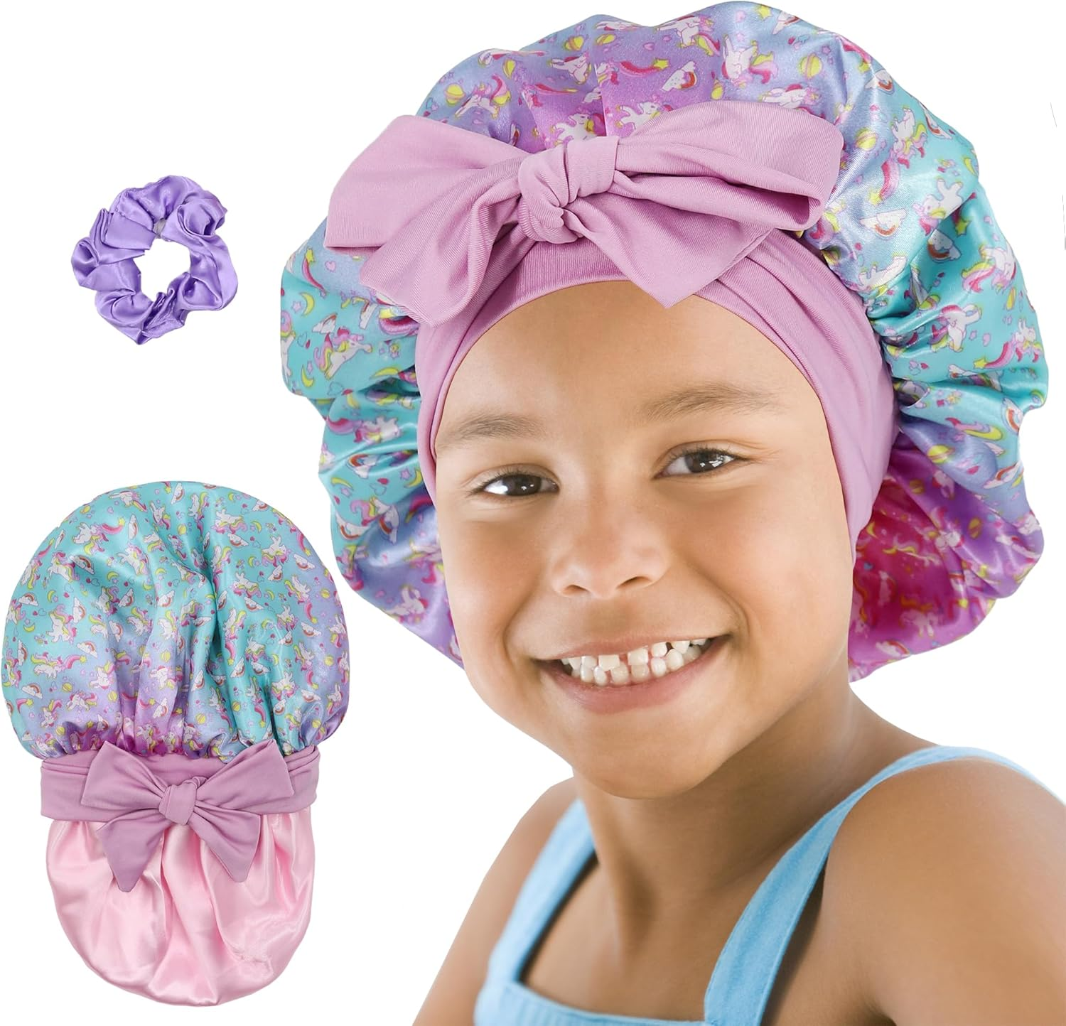 Kids Bonnet for Girls, Silk Bonnets for Kids Boys, Double Layer Satin Bonnet Sleep Cap for Child Curly Natural Hair(3-12Y) - Kids Black image number 3
