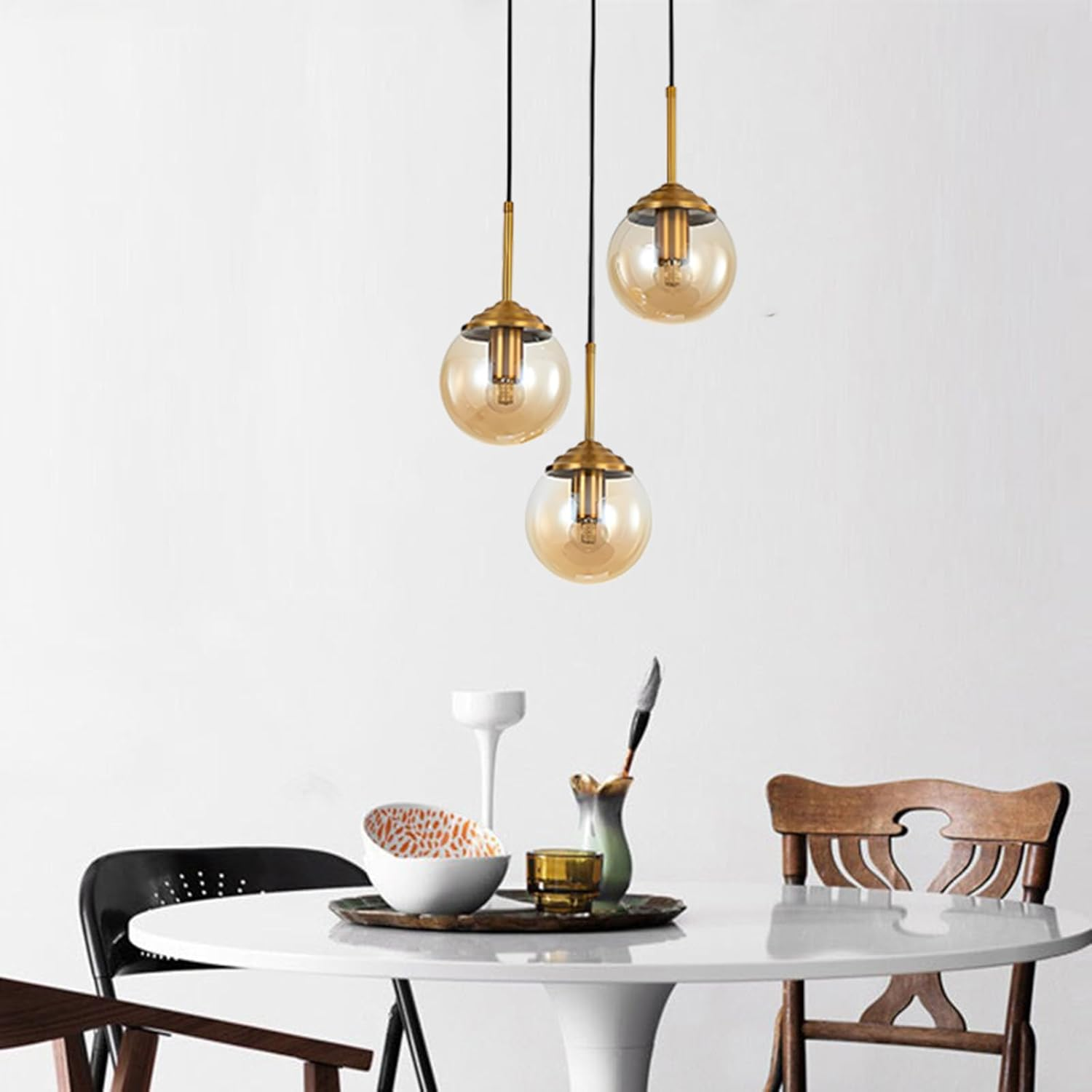 Industrial Vintage 3 Lights Pendant Light,Glass Globe 3 Pendants Ceiling Light, Brass E27 Hanging Lamp Cluster over Kitchen Island & Dining Room Table (Amber) image number 2