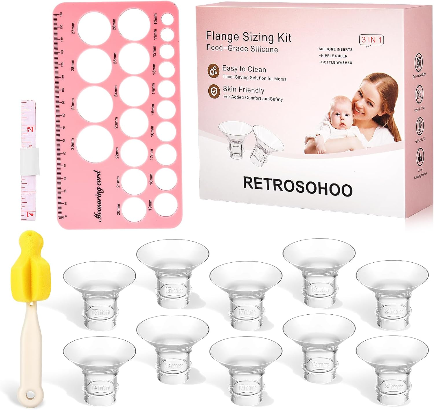 RETROSOHOO Flange Sizing Kit 3-In-1 Ultimate Edition, Includes 10 Flange Inserts 13/15/17/19/21 Mm, Nipple Ruler, Cleaning Brush, Silicone Flange Inserts Parts (Compatible with Momcozy S12 Pro/S9 Pro/S12/S9 Wearable Breast Pump Cups, Suitable for Most 24 Mm Breast Pumps), the Pump Breastfeeding Necessities image number 5