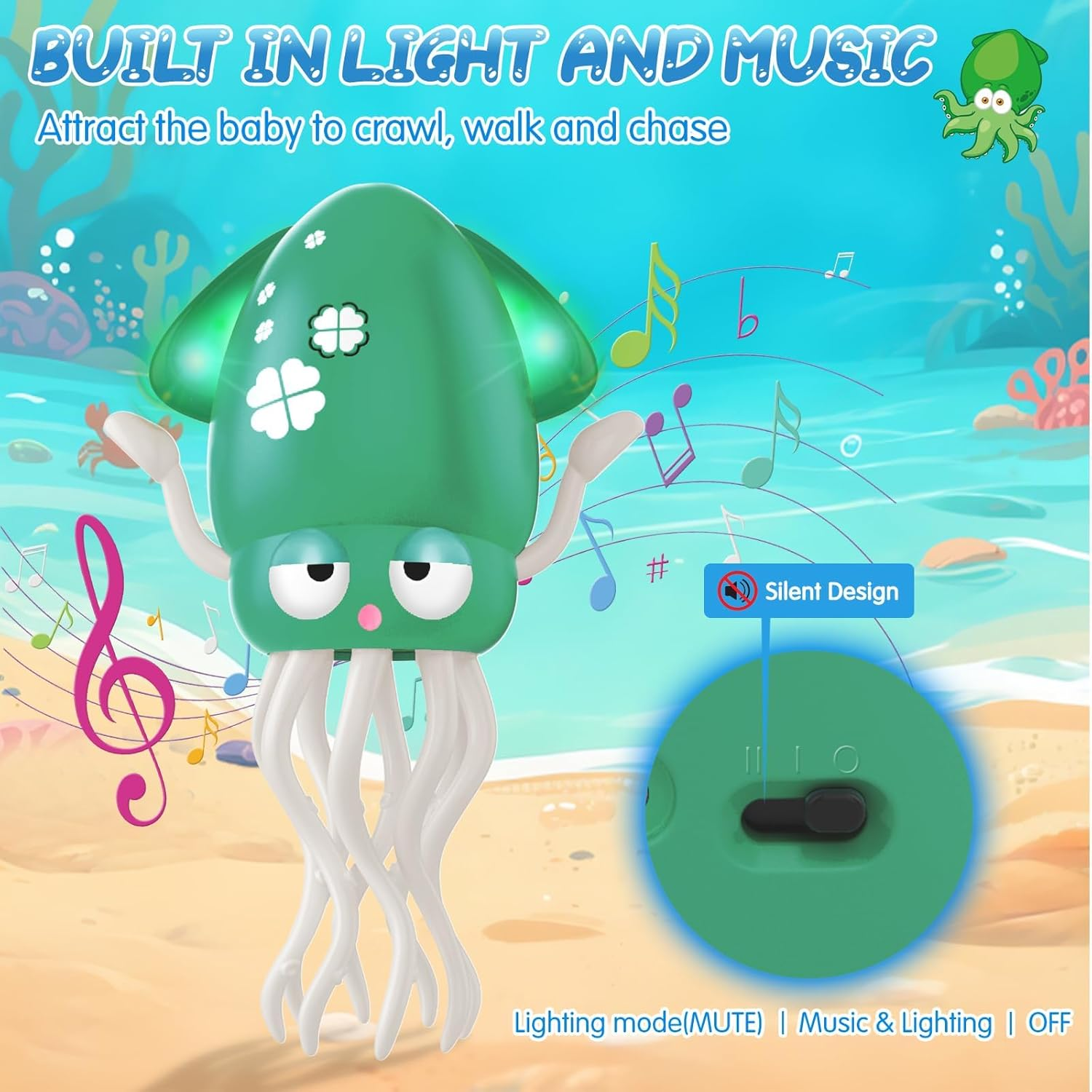Dancing Squid Tummy Time Toy &ndash; Electric Crawling Octopus Baby Toy, LED Lights & Music (Green) image number 3