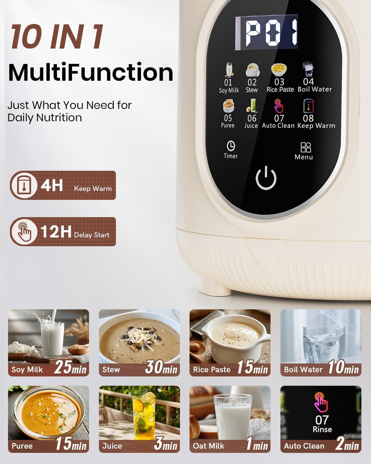 1500Ml Automatic Nut Milk Maker 20 Blades for Almond Oat Soy 10 in 1 Milk Plant Based Milks Chowder Juice with Delay Start Boil Water Keep Warm Auto Clean image number 5